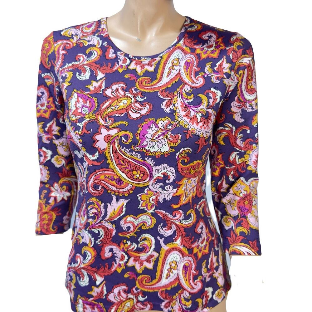 J. Mclaughlin Crew Neck Catalina Cloth Top Women 3/4 Sleeve Paisley Print Size S